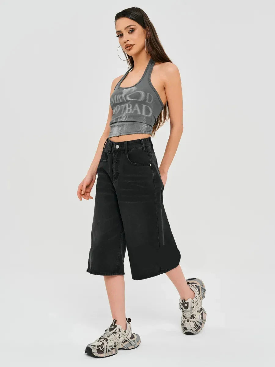 Damen Kuschelige, weiche Strick-Jeansshorts aus schwarzem Denim
