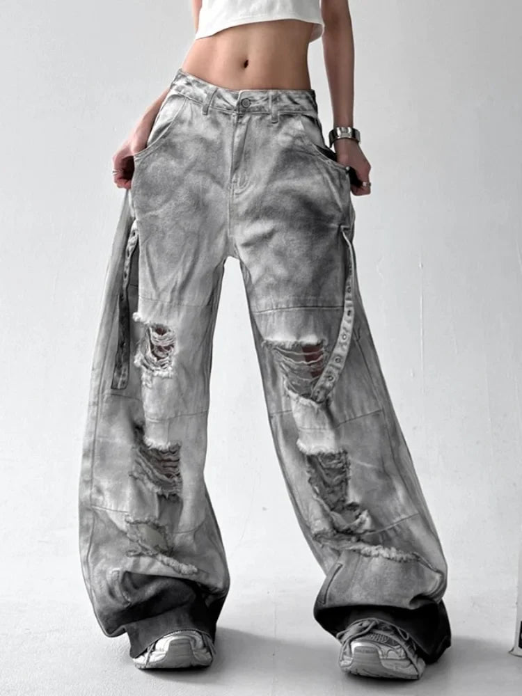 Cyber Grunge Washed White Baggy Jeans