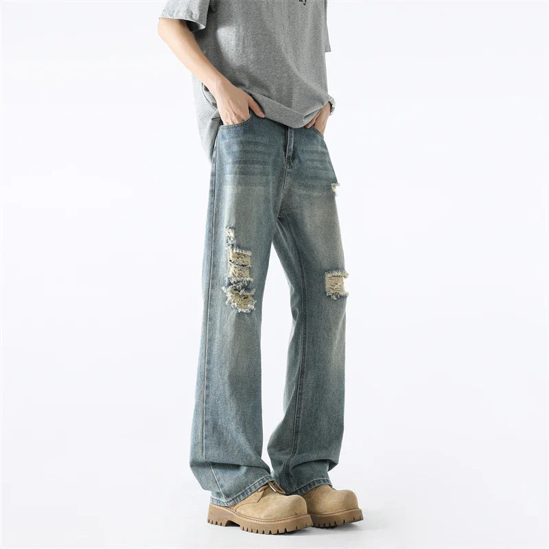 Vintage Streetwear Scratched Blue Ripped Jeans