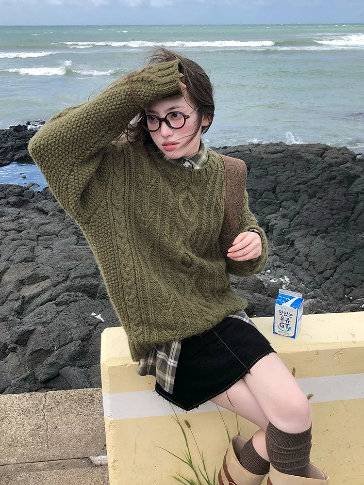 Women Vintage Green Knitwear Casual Sweater