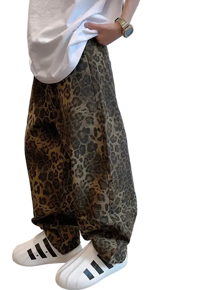 Leopard Print Wide-Leg Denim Pants