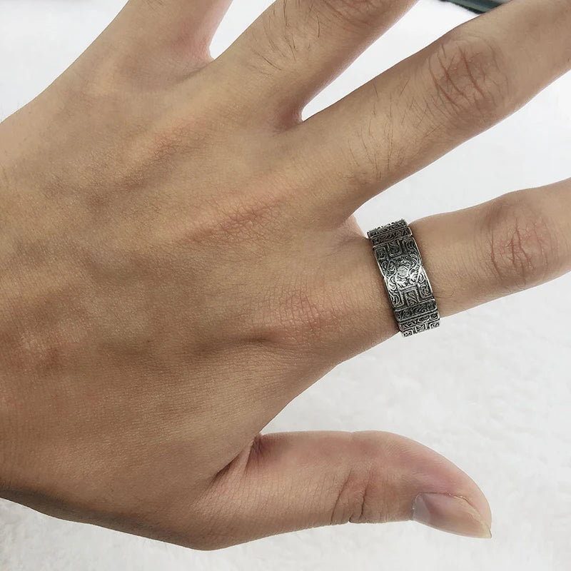 Herrenring aus Silber im Retro-Stil mit Tanggrasmuster