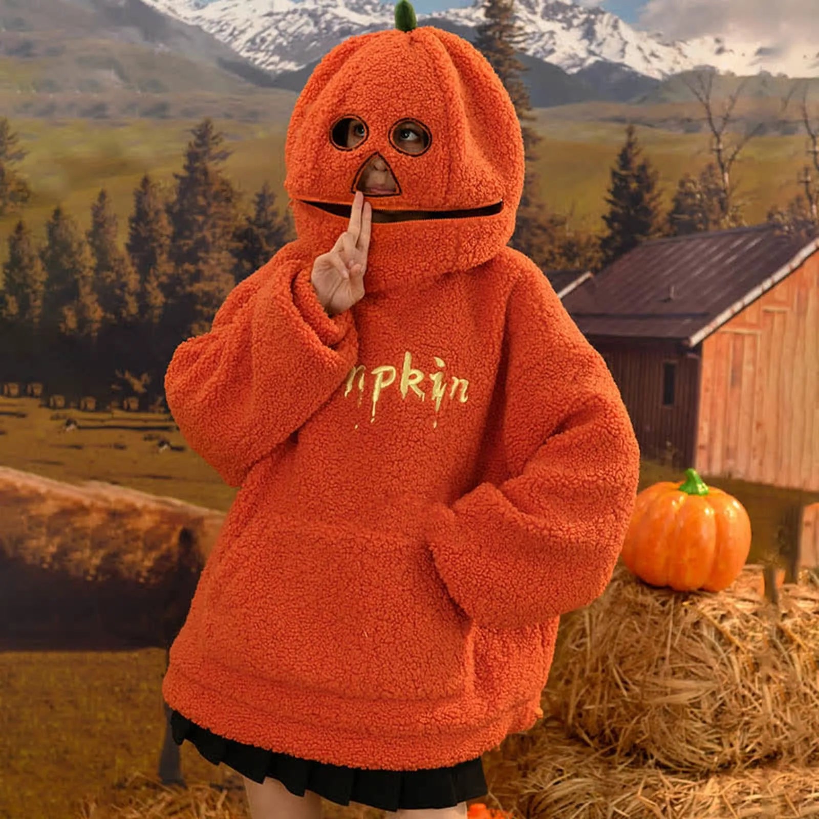 Sweat à capuche oversize ample citrouille Y2K