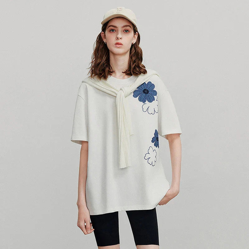 Damen Niedliches Blumen-Freizeit-Sommer-Kurzarm-T-Shirt