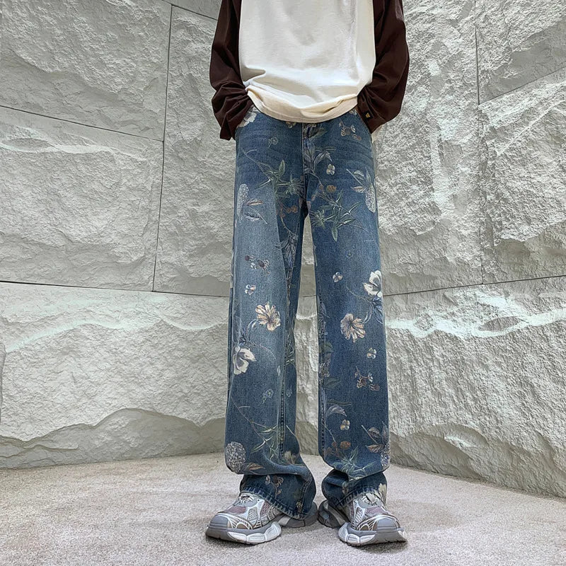 Oversized Jeans mit Blumenmuster und weitem Bein