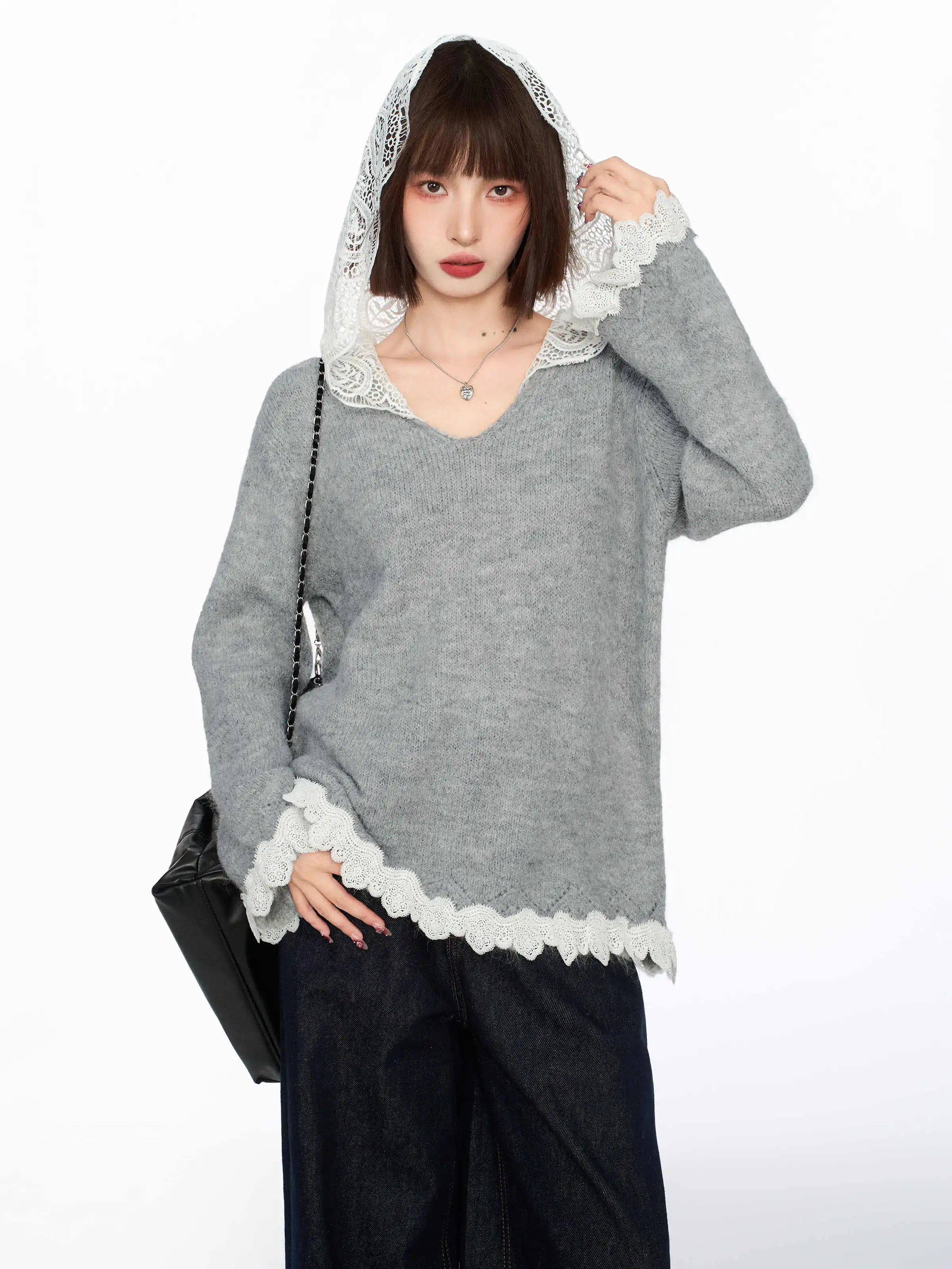 Back to Basics Cozy Lace V Neck Hodded Sweater
