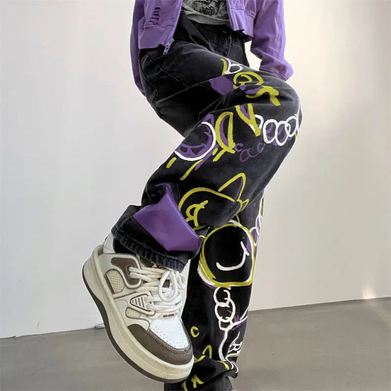 Jean taille haute vintage Y2K peint à la main