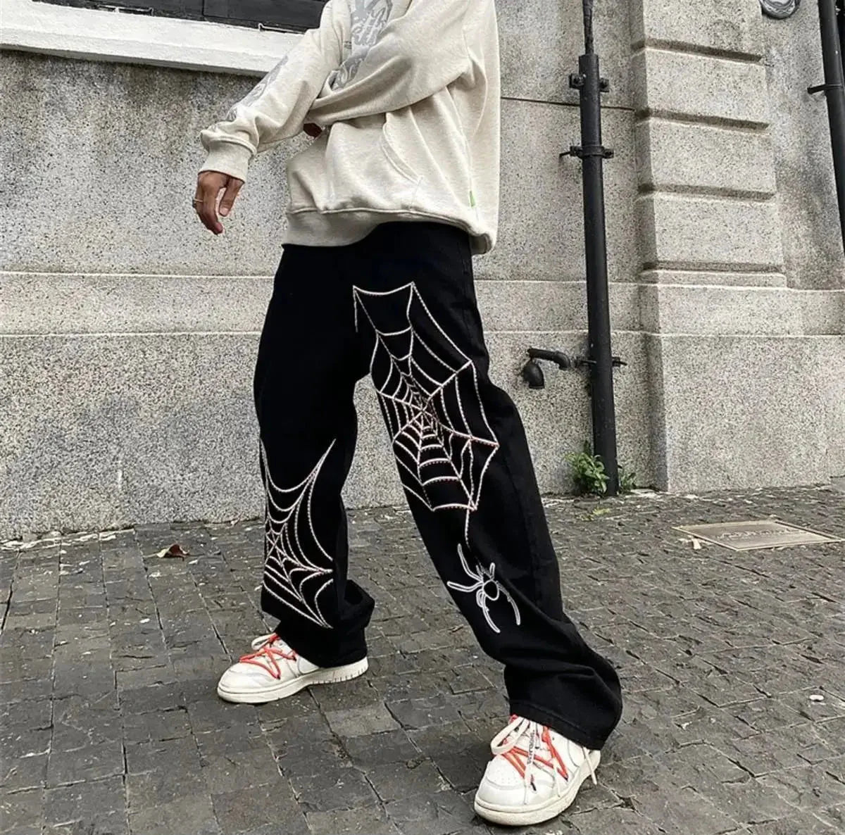 Vintage Spider Streetwear Schwarze Weite Hose