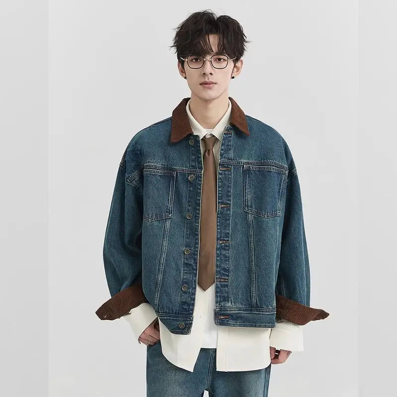 Veste en jean délavée rétro hip-hop vintage pour homme