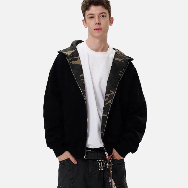 Kapuzenpullover mit doppelseitigem Tarnmuster und Reißverschluss