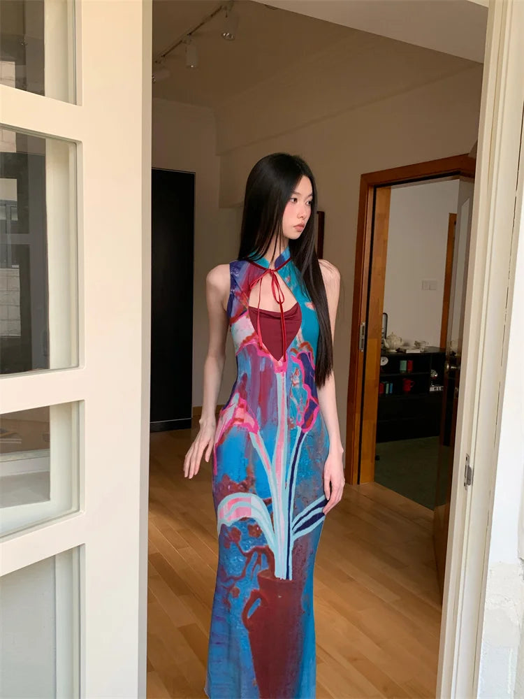 Y2K Floral Sleeveless Bodycon Midi Dress