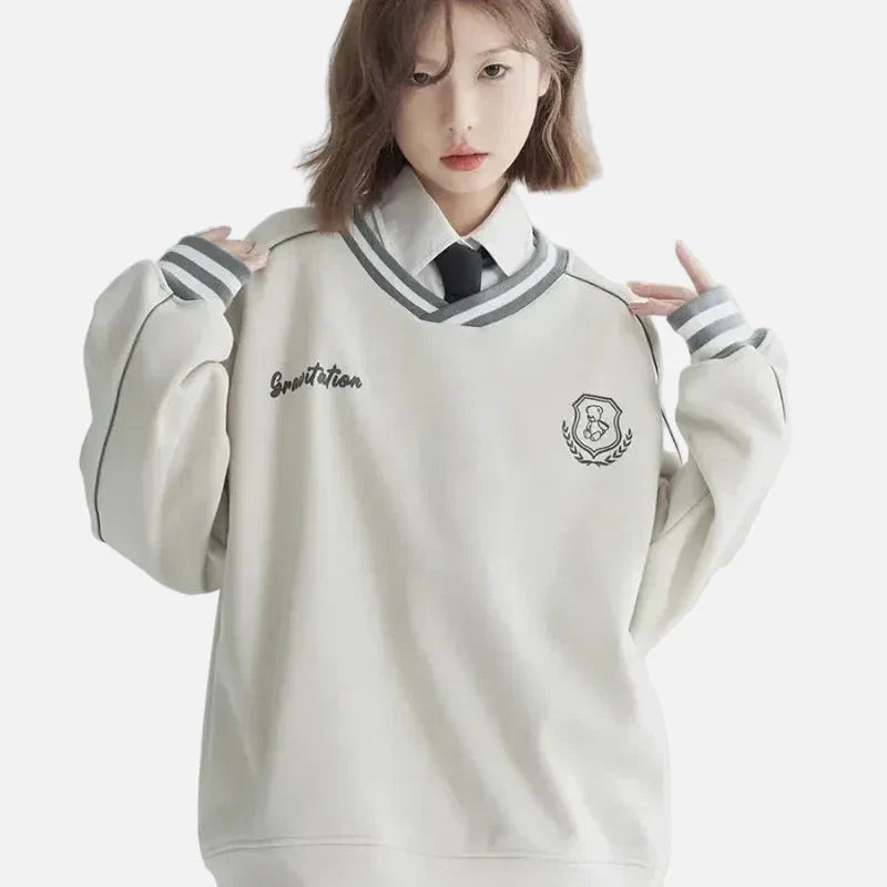 American Style Contrasting Color Retro V-Neck Sweatshirt