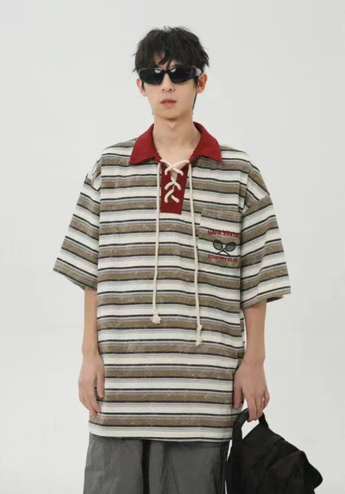 Vintage-Poloshirt mit Streifenmuster und Schnürung