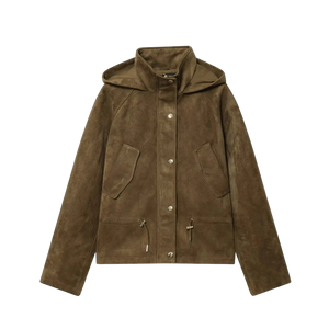 Upgrade your layering game with this luxe faux suede hooded jacket, featuring a high-neck design and adjustable drawstring hem for a premium streetwear fit.