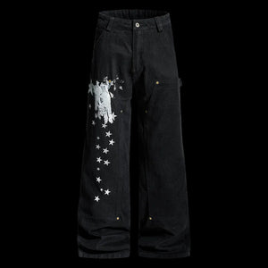 Black pants with white star pattern on a white background