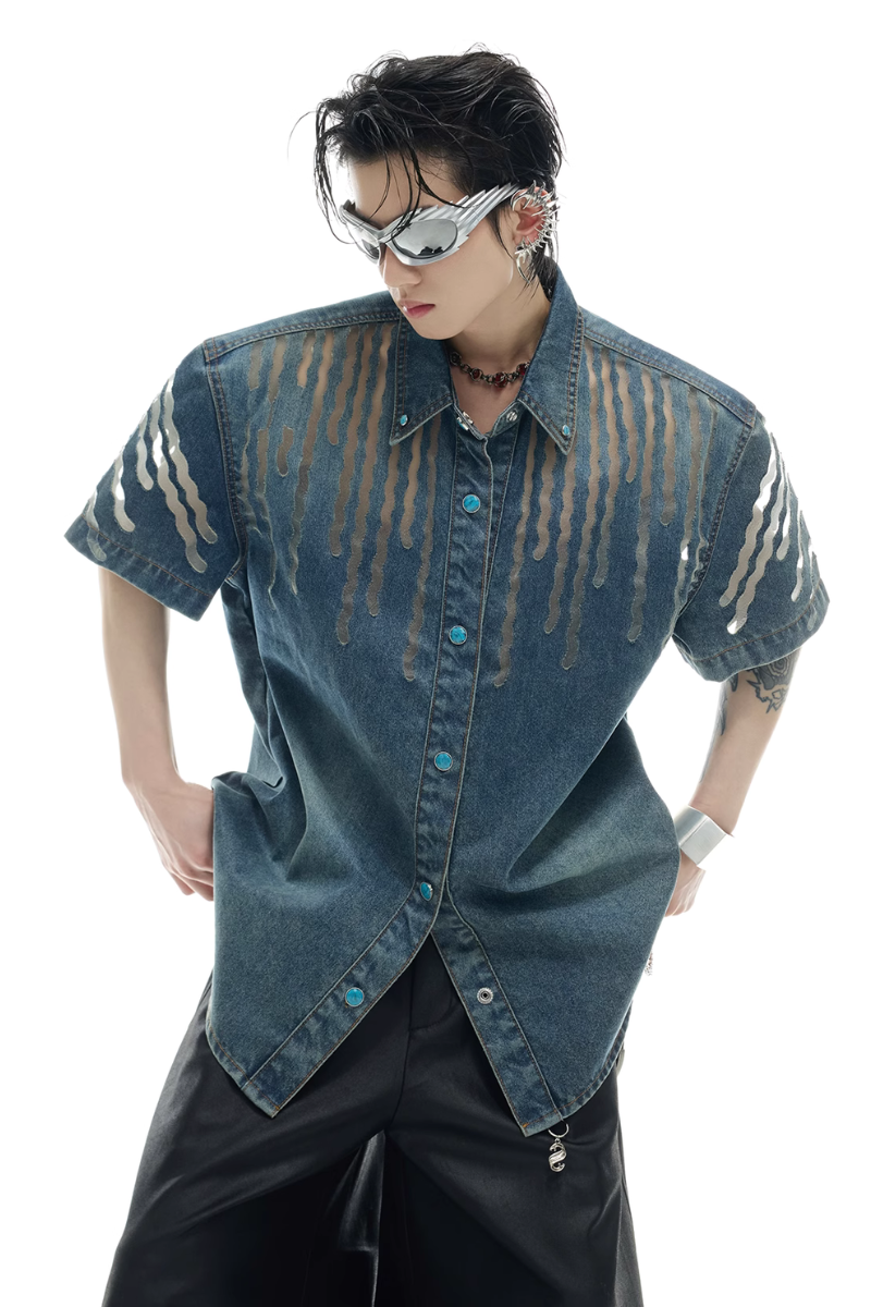 Chemise en jean à empiècements en résille