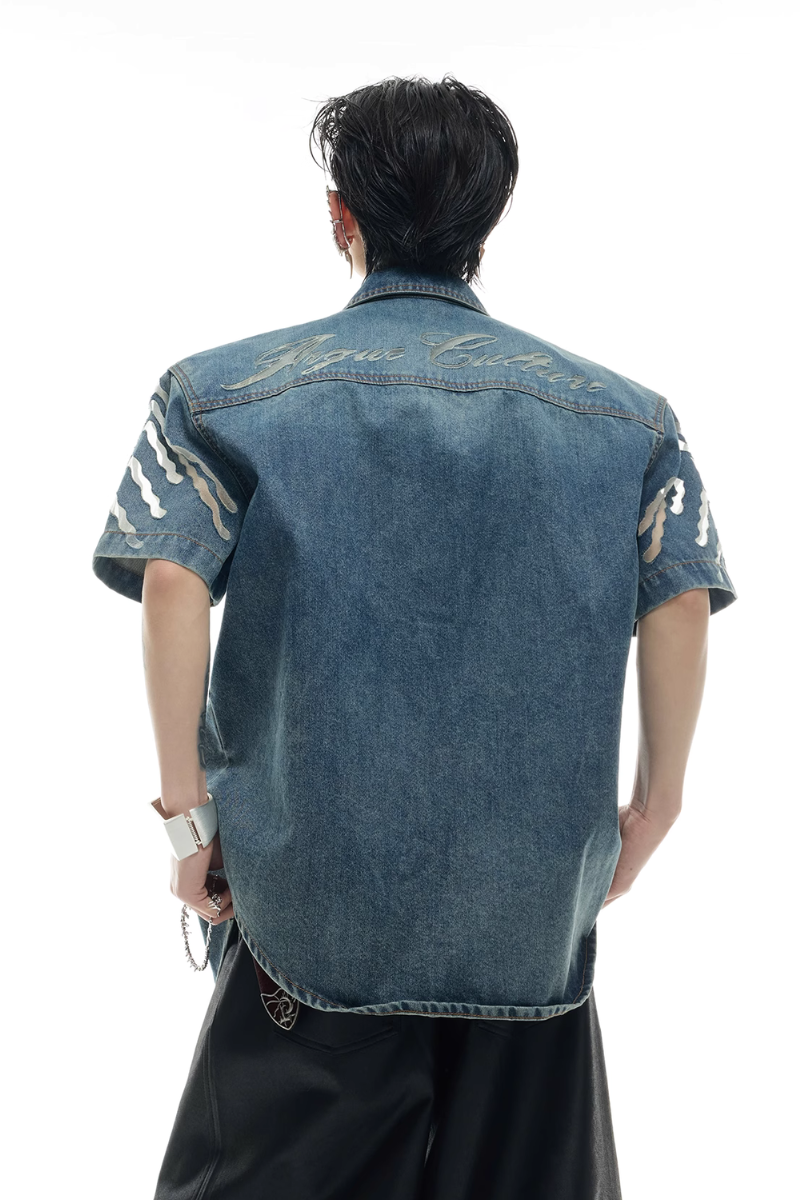 Chemise en jean à empiècements en résille