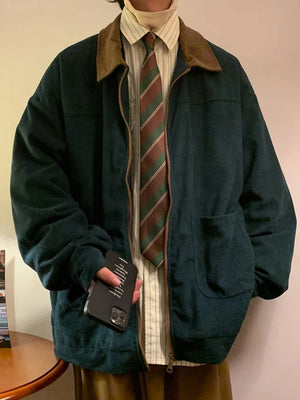 Style yourself in this oversized green corduroy jacket with a contrasting brown collar to add a vintage, textured edge to your daily streetwear rotation.