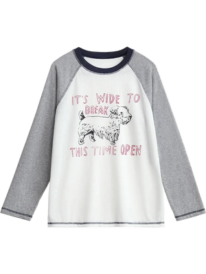 Long-sleeve shirt with a graphic of a dog and text on a white background