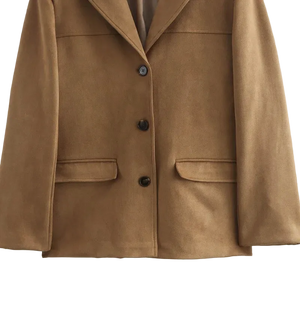Brown jacket with black buttons on a white background