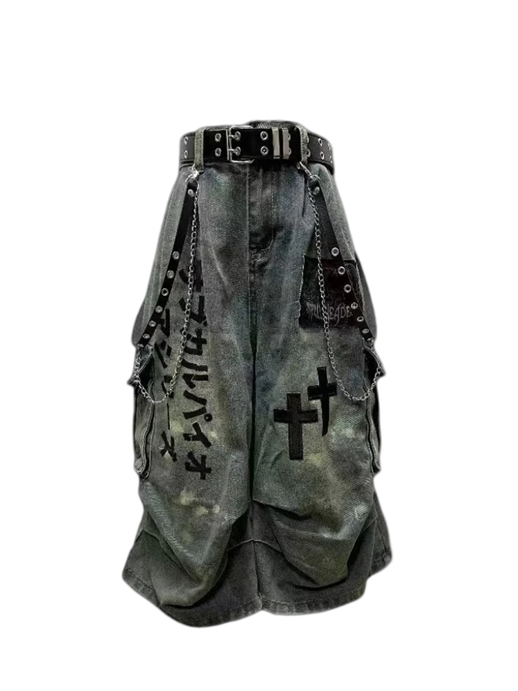 Rock these edgy gothic denim shorts, featuring an acid-wash finish, embroidered crosses, and heavy chain hardware for a bold streetwear statement.