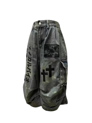 Rock these edgy gothic denim shorts, featuring an acid-wash finish, embroidered crosses, and heavy chain hardware for a bold streetwear statement.