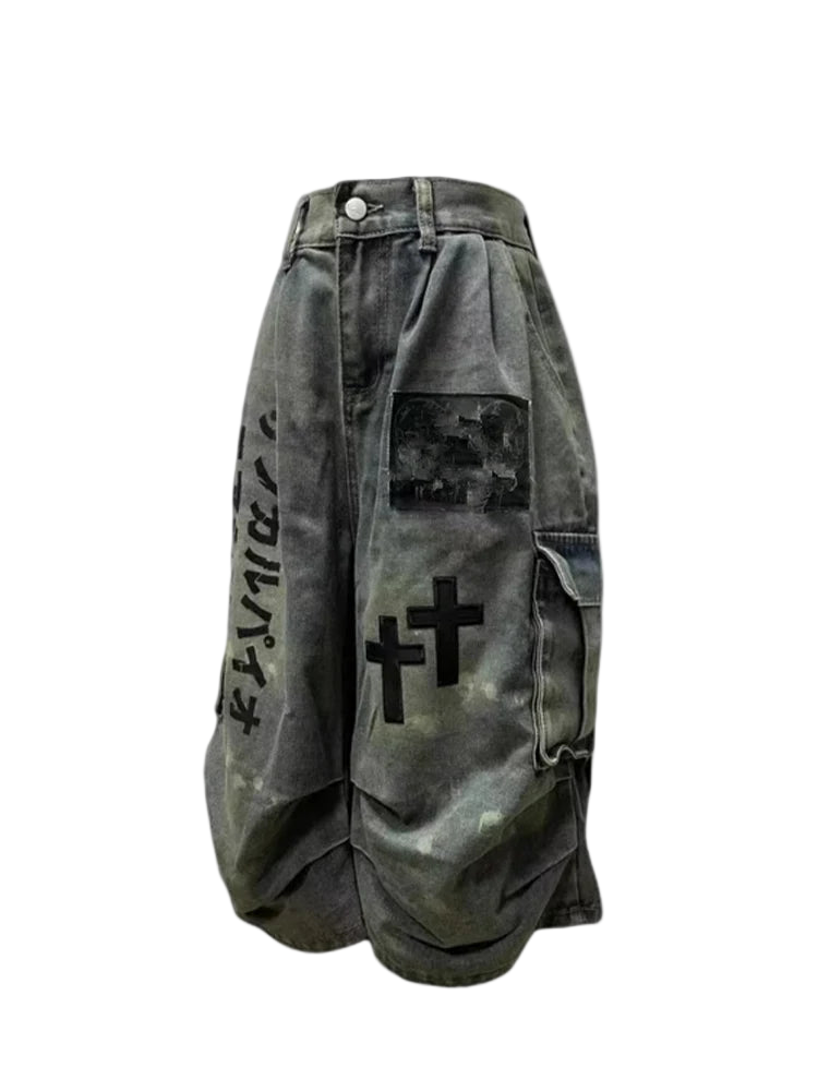 Rock these edgy gothic denim shorts, featuring an acid-wash finish, embroidered crosses, and heavy chain hardware for a bold streetwear statement.