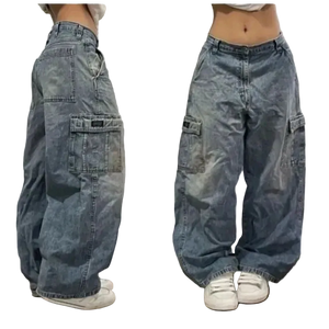 Pair of blue baggy jeans shown from front and side views on a plain background