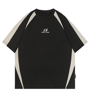 Black t-shirt with white accents and a logo on a white background