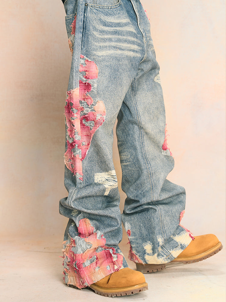 YADcrew Lace-Embroidered Wide-Leg Jeans