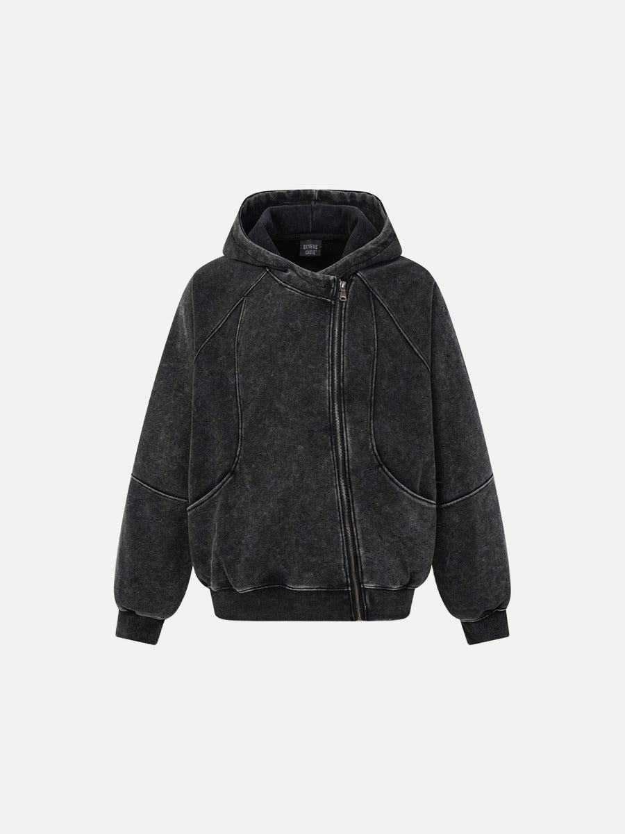 Asymmetrical Zipper Distressed Hooded Sweatshirt