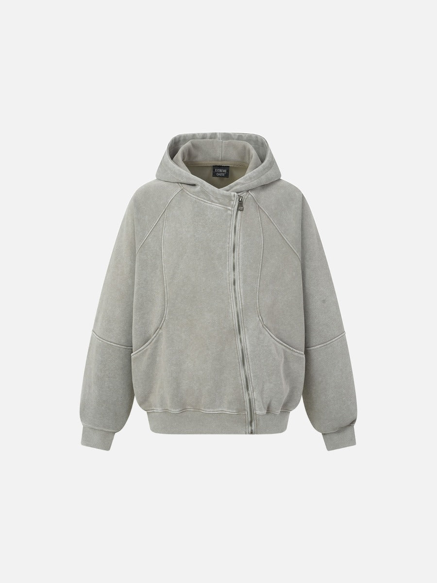 Asymmetrical Zipper Distressed Hooded Sweatshirt