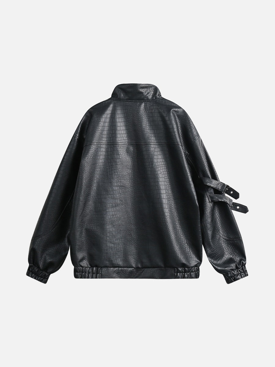 Black Crocodile-Embossed Faux Leather Jacket