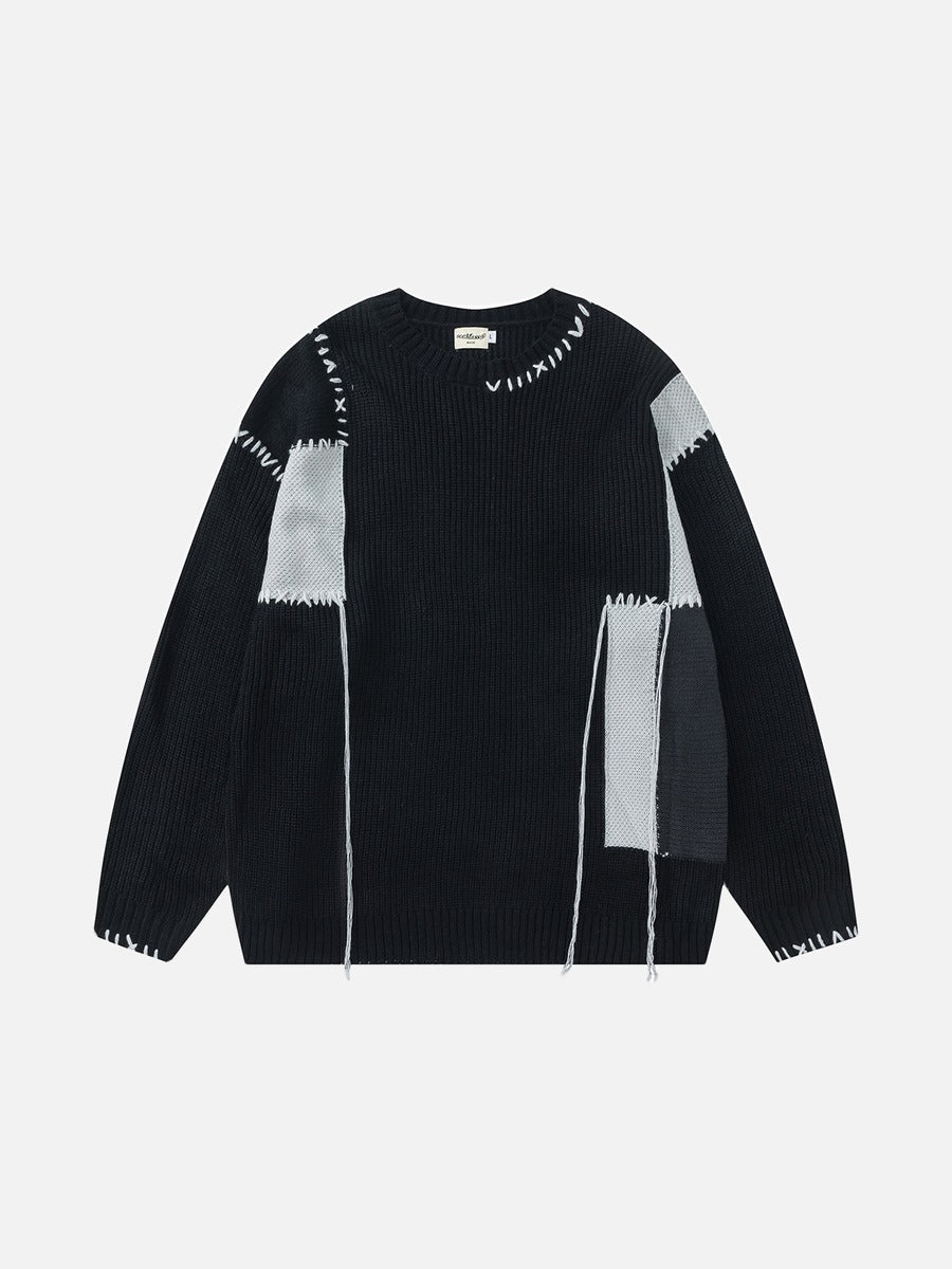 Black Patchwork Knit Sweater with Exposed Stitching