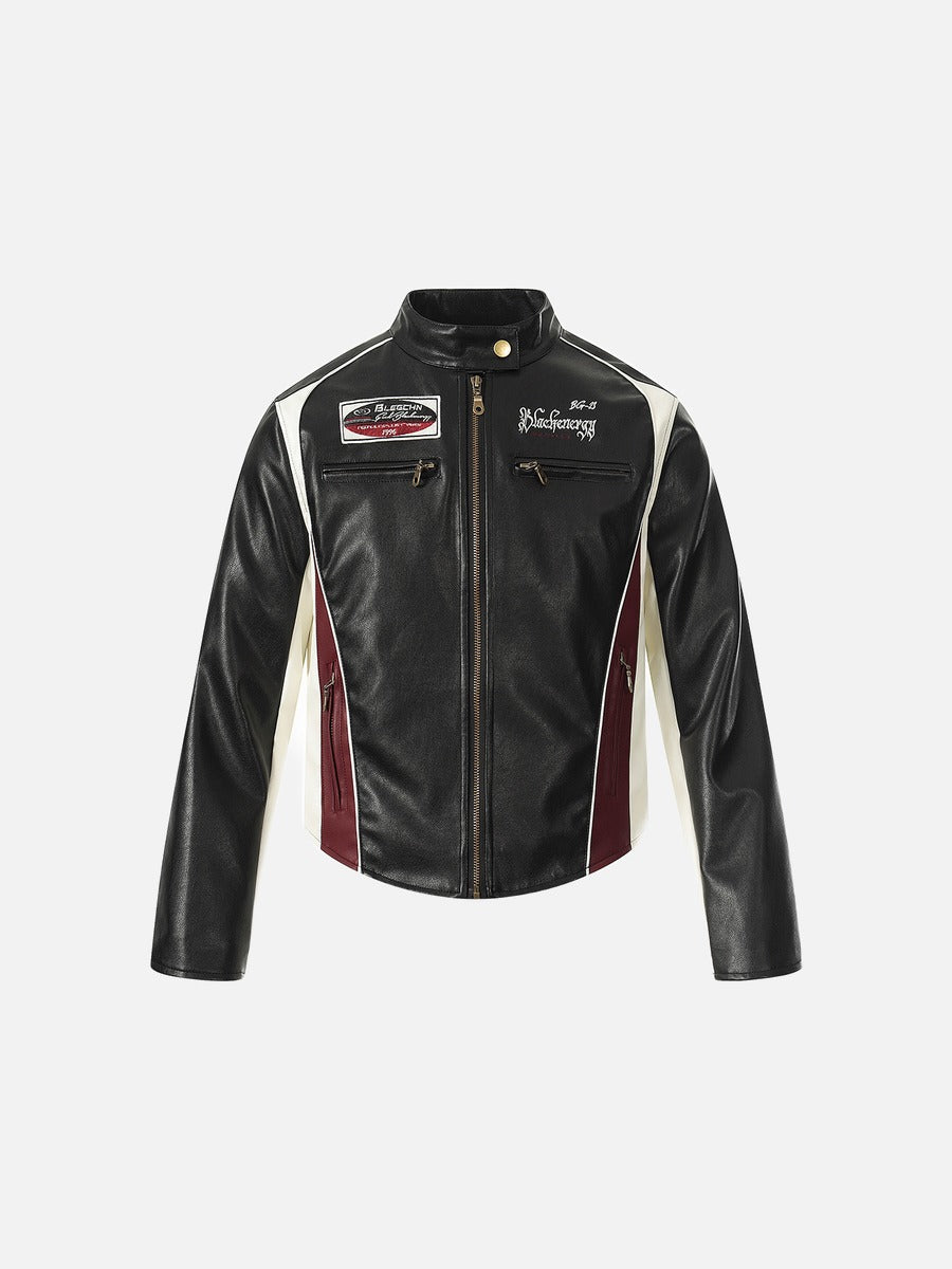 Burgundy-Blocked Racer Faux Leather Jacket