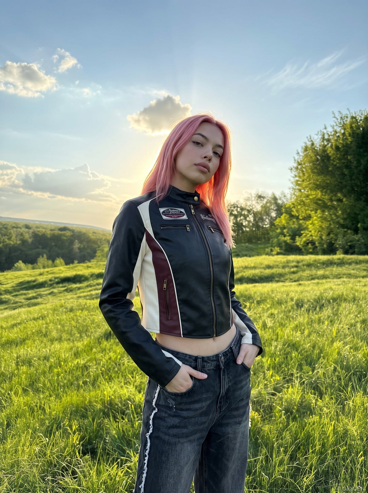 Burgundy-Blocked Racer Faux Leather Jacket