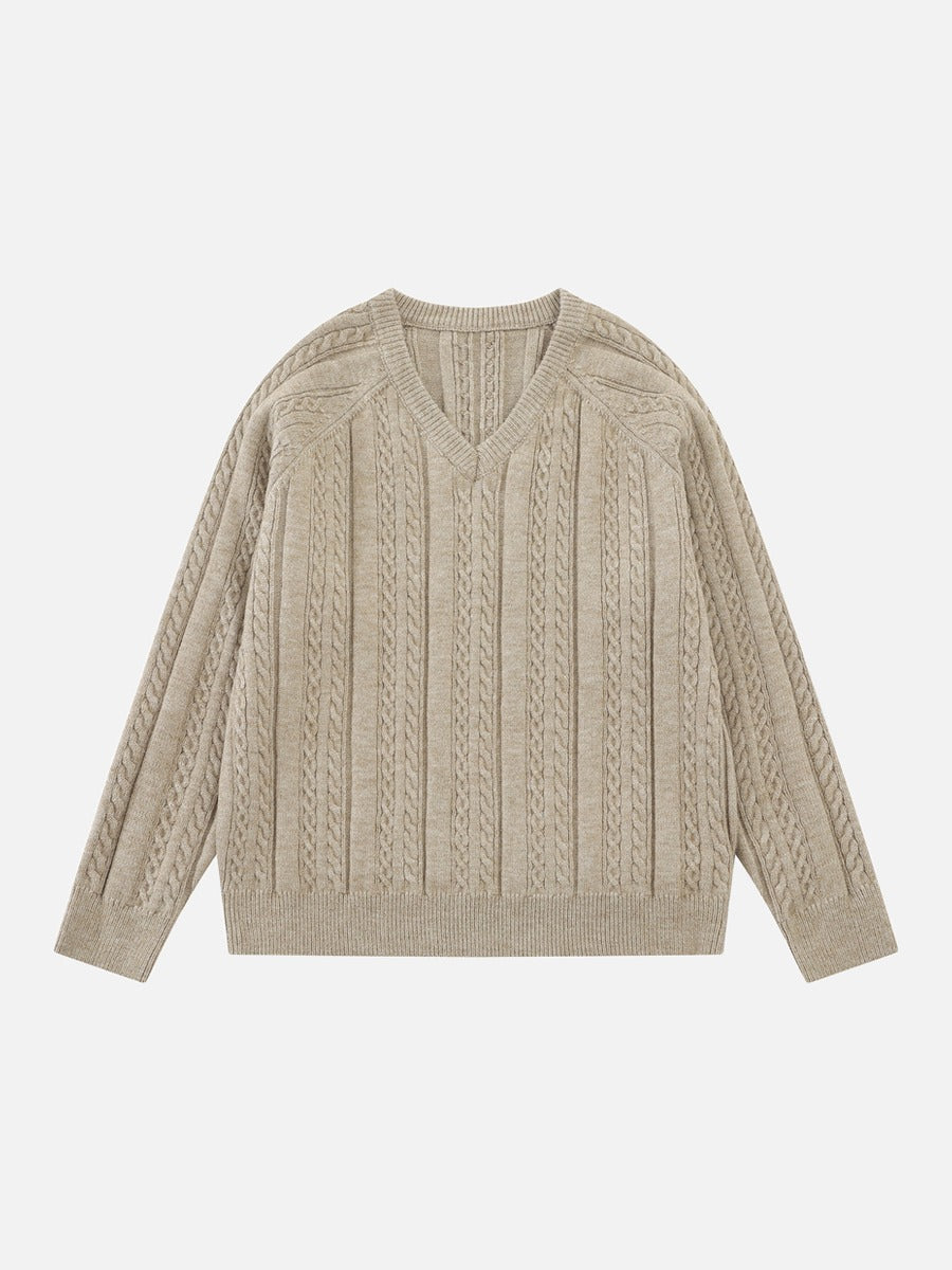 Cable Knit V-Neck Sweater in Grey