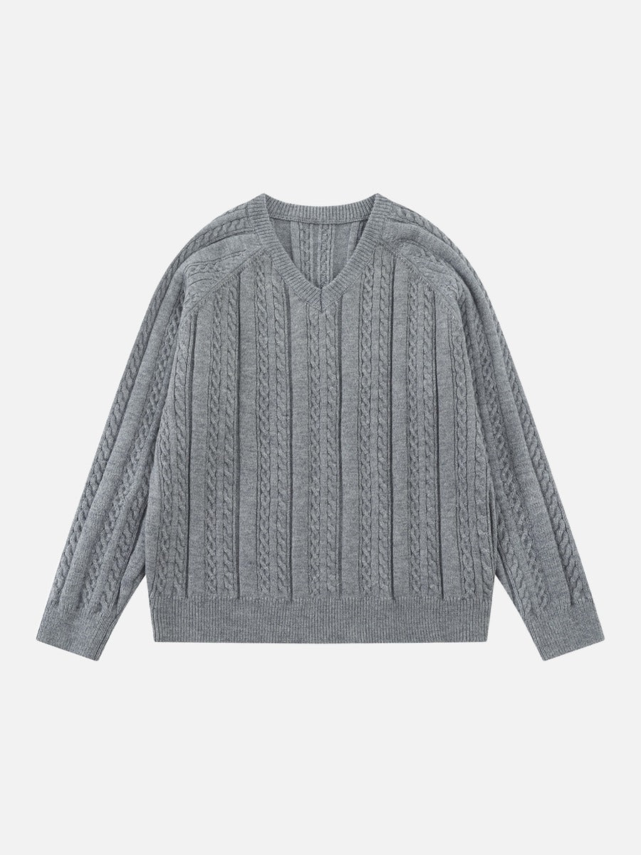 Cable Knit V-Neck Sweater in Grey