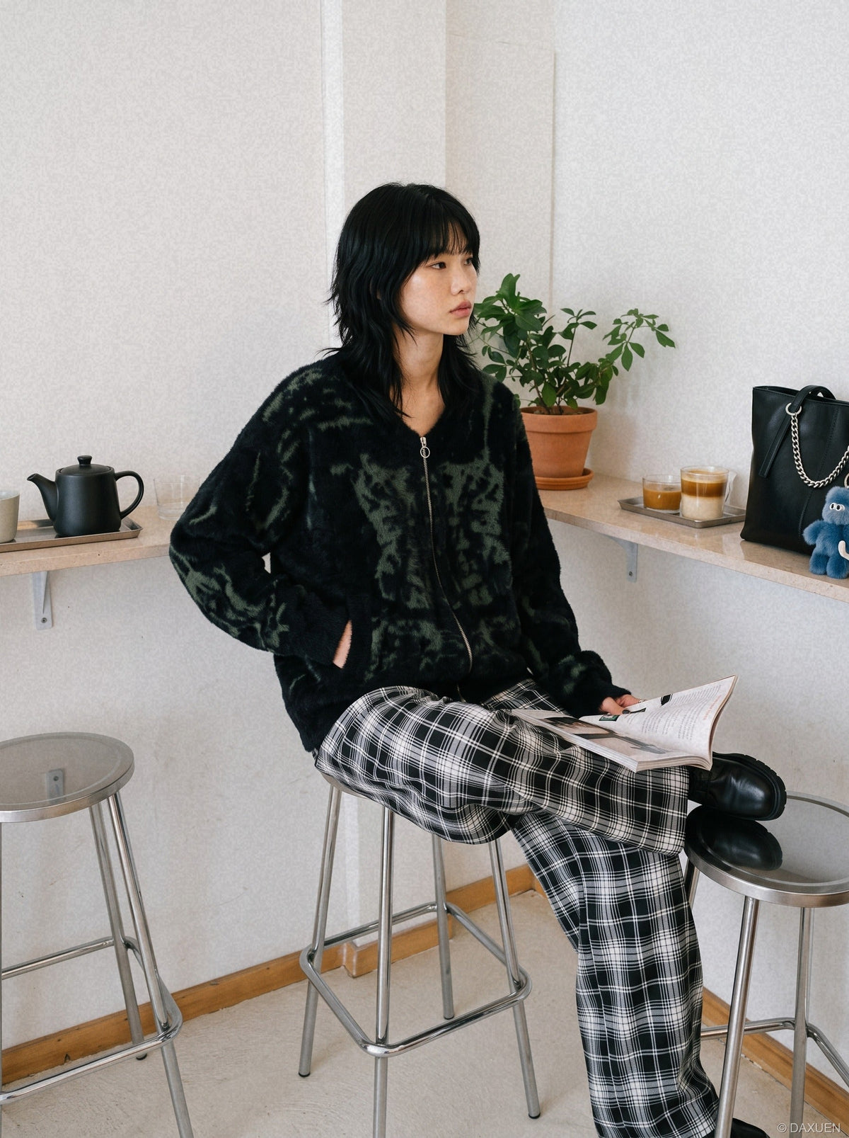 Classic Black and White Plaid Wide-Leg Trousers