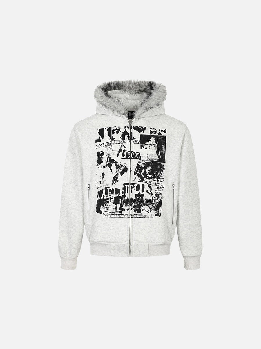 Collage Graphic Full-Zip Hoodie with Faux Fur