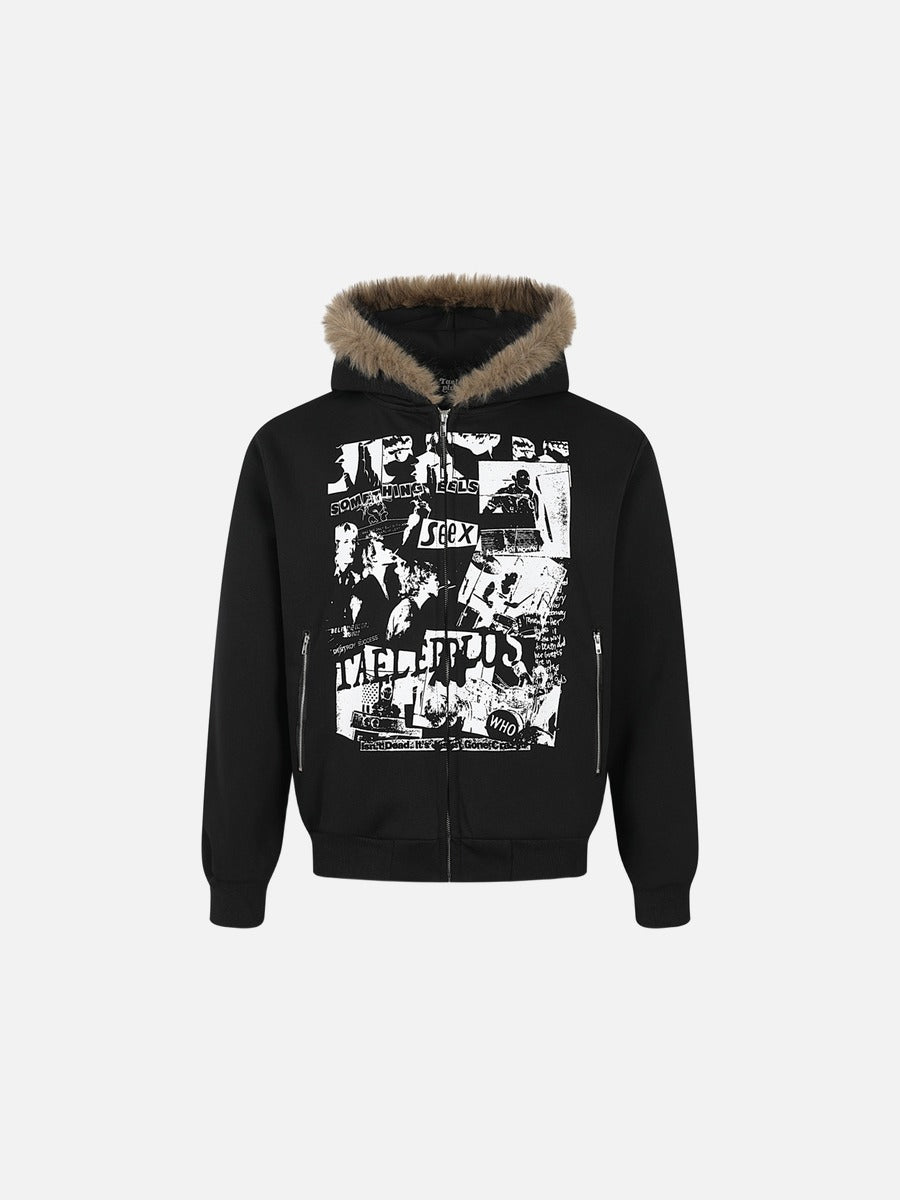 Collage Graphic Full-Zip Hoodie with Faux Fur