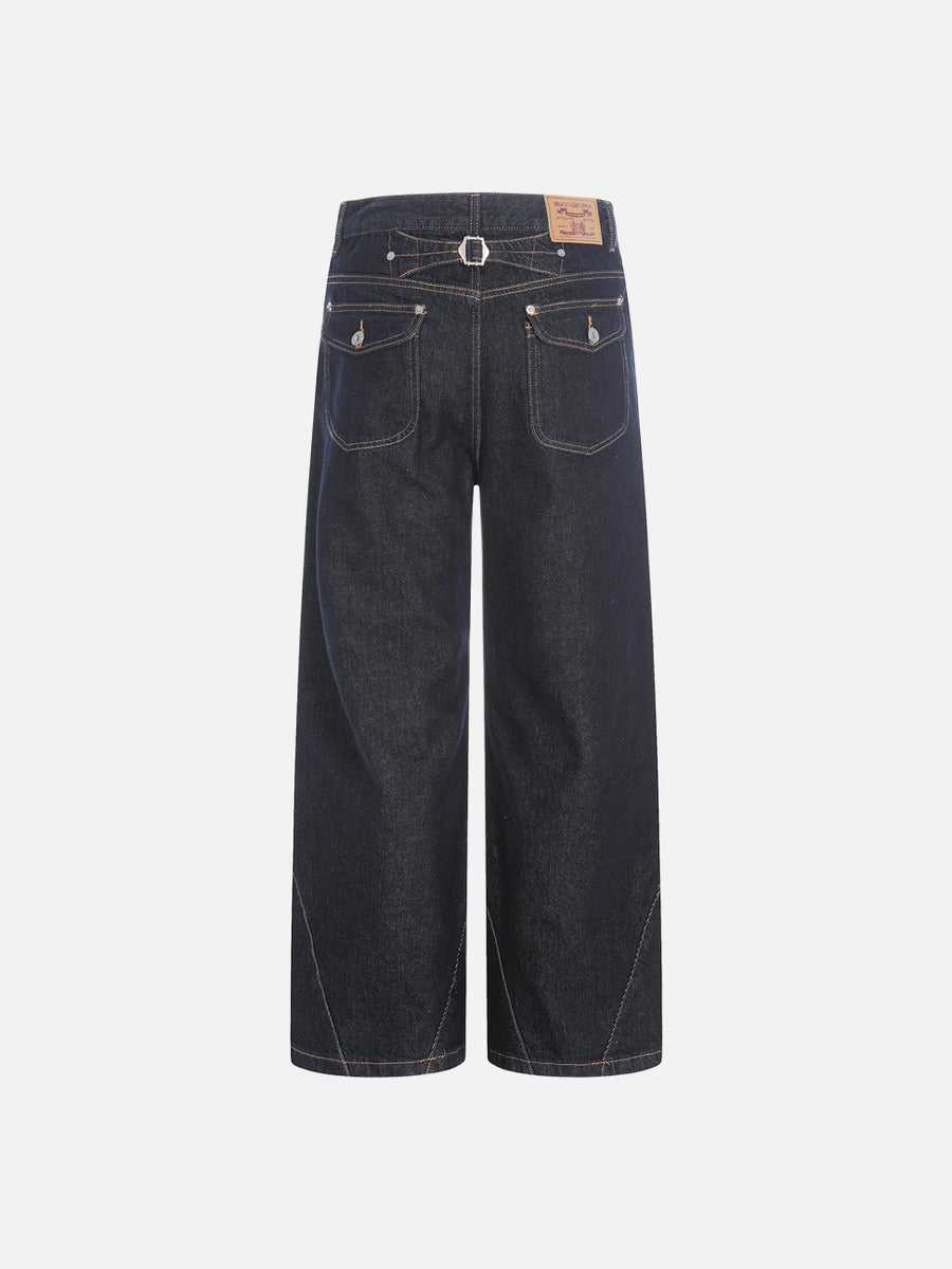 Dark Blue Wide-Leg Denim Jeans with Contrast Stitching