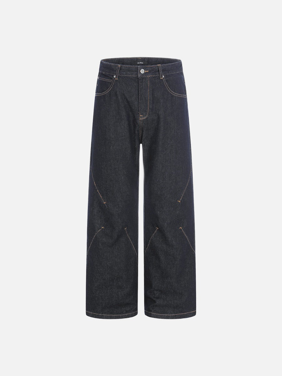 Dark Blue Wide-Leg Denim Jeans with Contrast Stitching