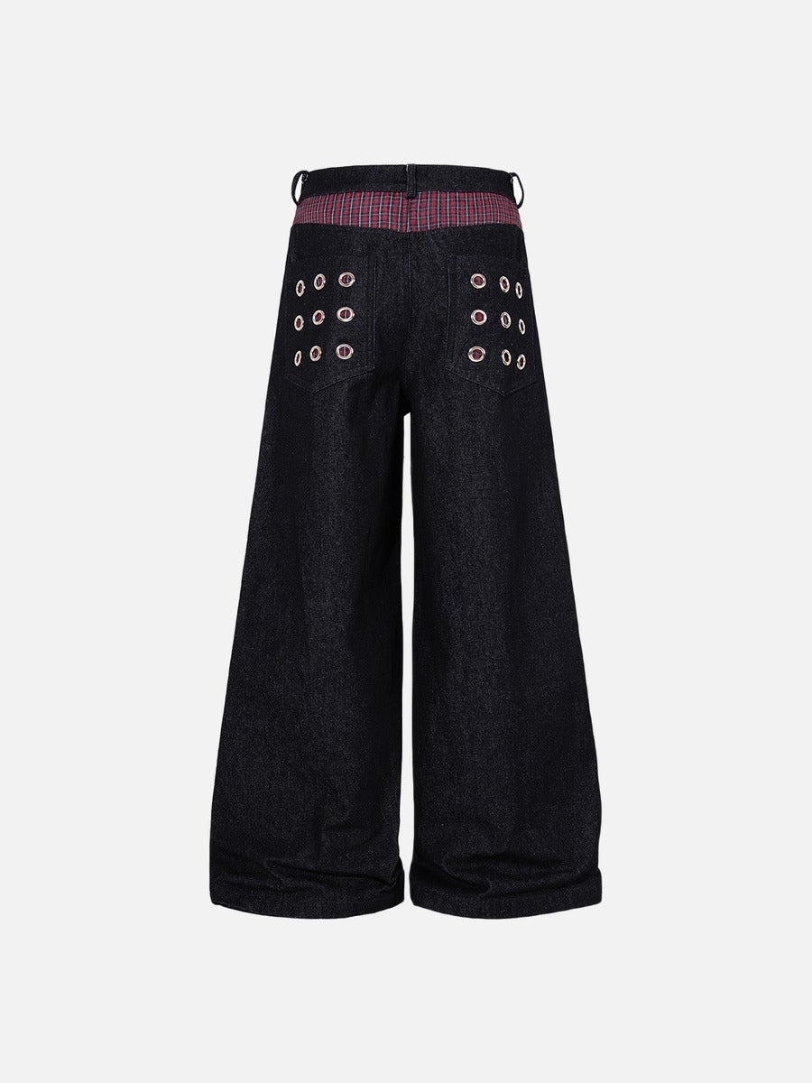 Dark Indigo Wide-Leg Denim Pants with Plaid Detail