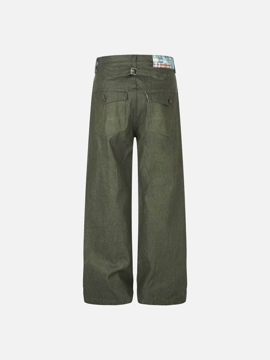 Dark Olive Wide-Leg Trousers with Plaid Pockets