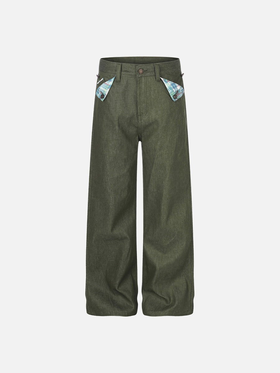 Dark Olive Wide-Leg Trousers with Plaid Pockets