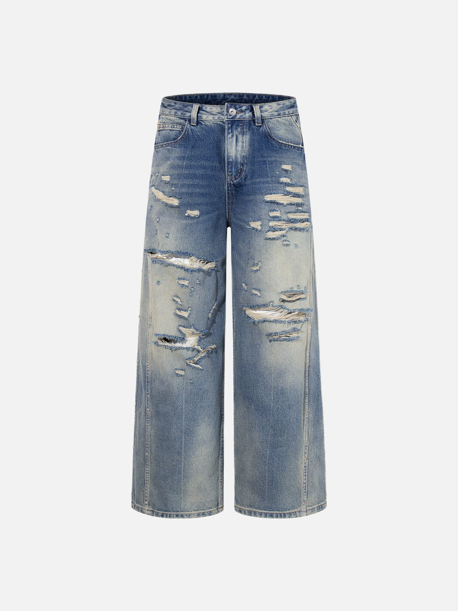 Distressed Blue Wide-Leg Jeans with Rips