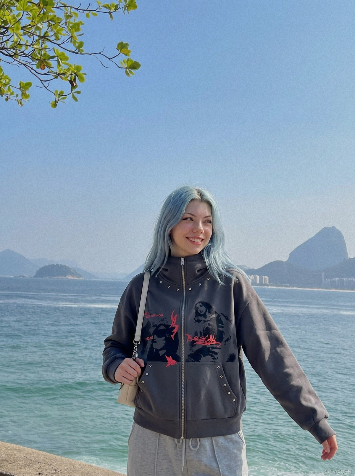 Distressed Dual-Figure Graphic Zip Hoodie