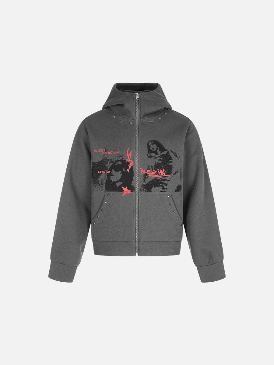 Distressed Dual-Figure Graphic Zip Hoodie
