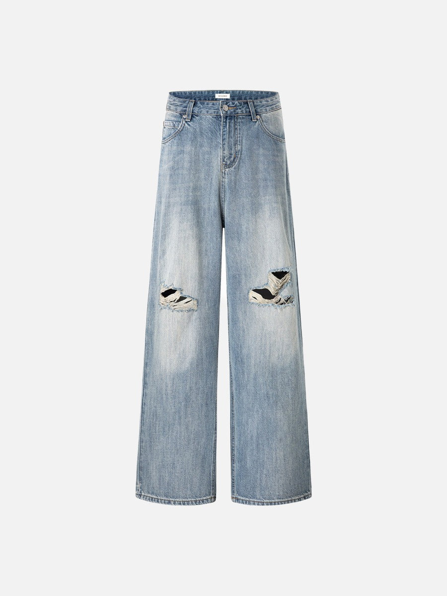 Distressed Light Blue Wide-Leg Denim Jeans